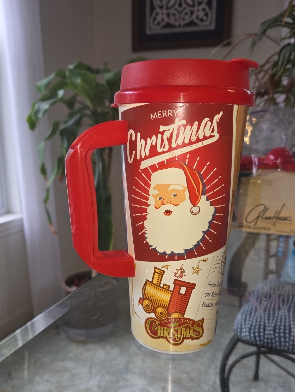 Vintage-Style Santa Travel Mug with Red Lid & Handle